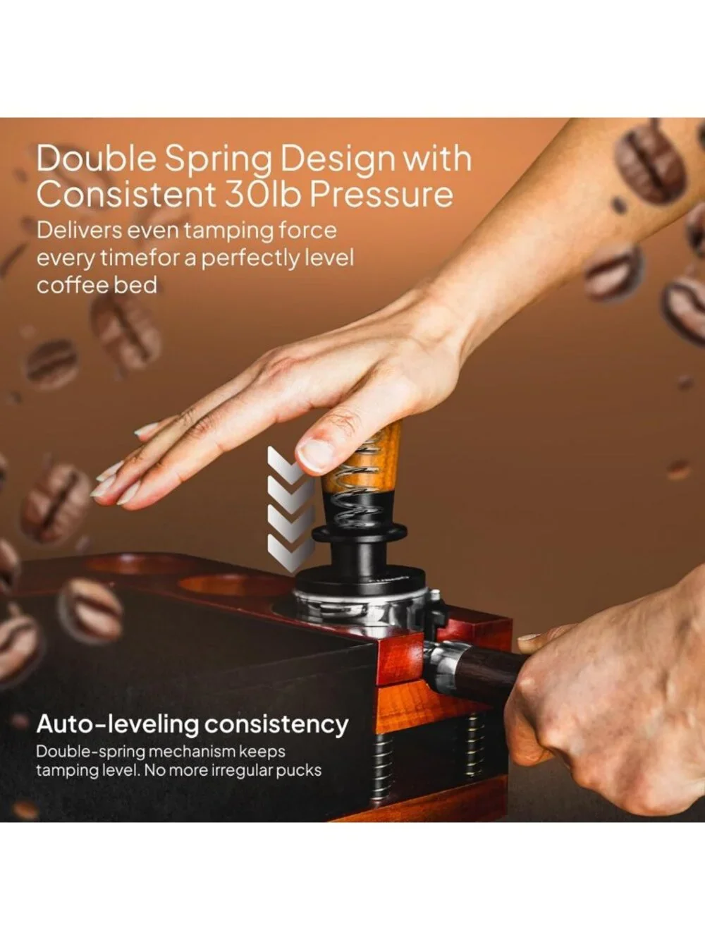 30lb Spring Loaded Espresso Tamper - Auto-Leveling Coffee Tool with Walnut